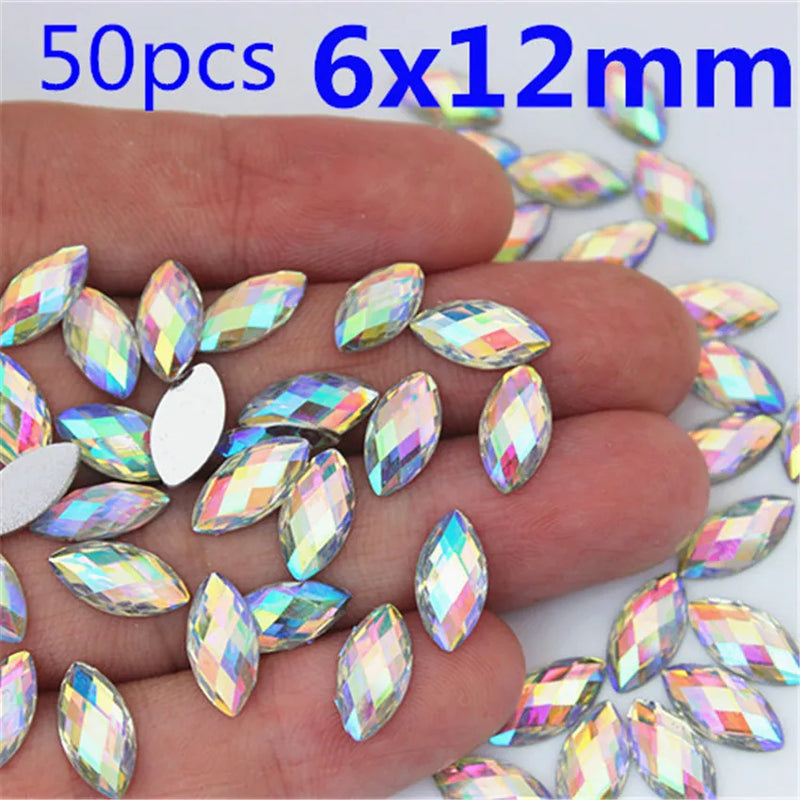 Multi Size Acrylic Rhinestones Eye Shape Crystal AB Flat Back Nail Rhinestone 3D Non HotFix Nail Art  Accessories