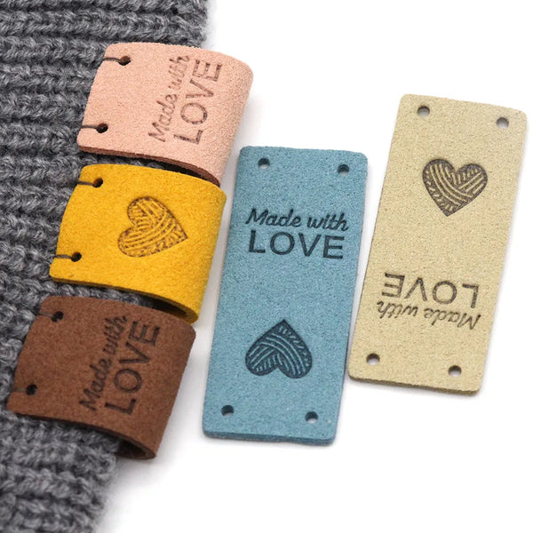 20Pcs Handmade Labels For Clothes Made With Love Leather Tags Hand Made Label For Hats Heart Knitting Tags Sewing Accessories