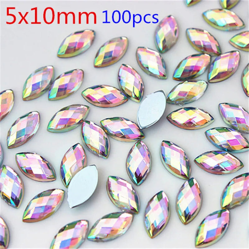 Multi Size Acrylic Rhinestones Eye Shape Crystal AB Flat Back Nail Rhinestone 3D Non HotFix Nail Art  Accessories