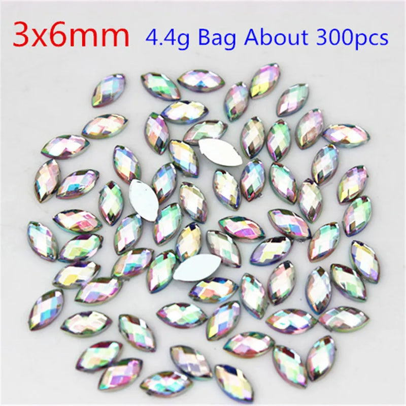 Multi Size Acrylic Rhinestones Eye Shape Crystal AB Flat Back Nail Rhinestone 3D Non HotFix Nail Art  Accessories