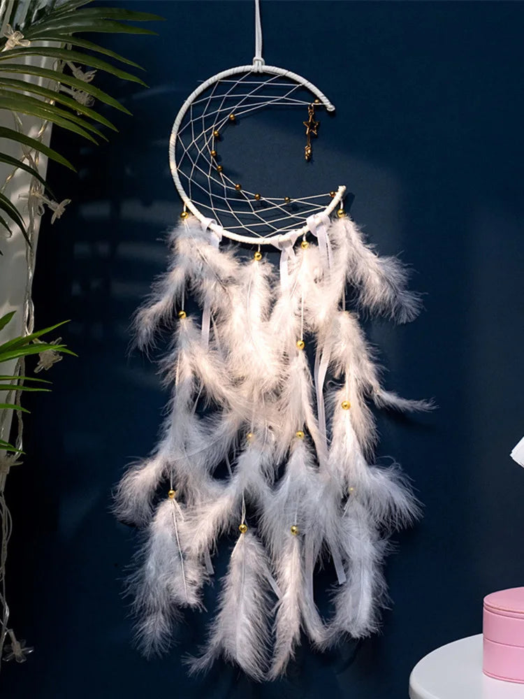 Moon Dream Catcher Feather Wind Chimes Hand-woven Wall Bedroom Hanging Ornaments Birthday Festival Gifts Home Decoration Crafts