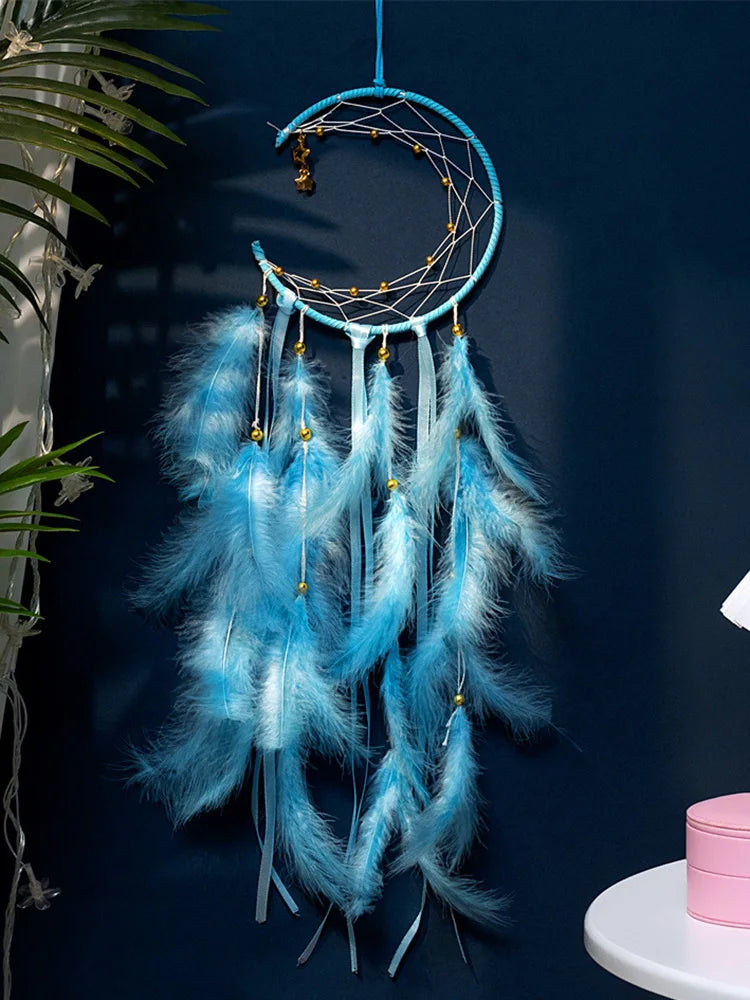 Moon Dream Catcher Feather Wind Chimes Hand-woven Wall Bedroom Hanging Ornaments Birthday Festival Gifts Home Decoration Crafts