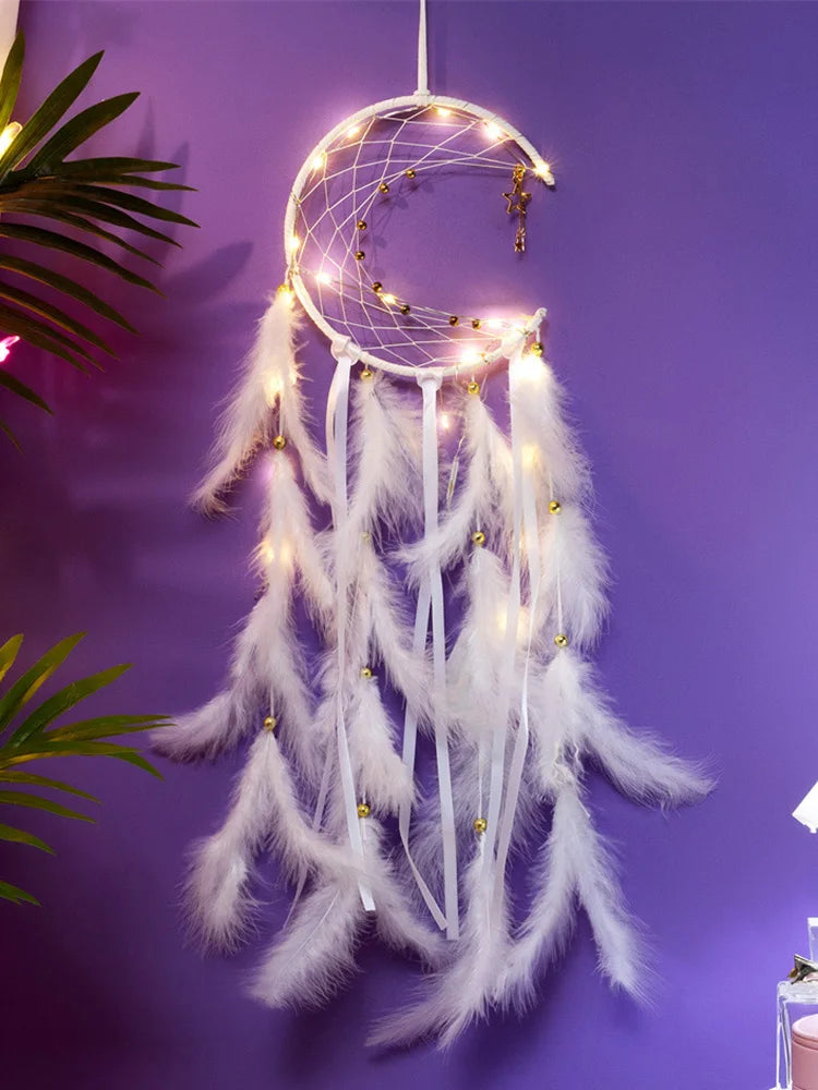 Moon Dream Catcher Feather Wind Chimes Hand-woven Wall Bedroom Hanging Ornaments Birthday Festival Gifts Home Decoration Crafts